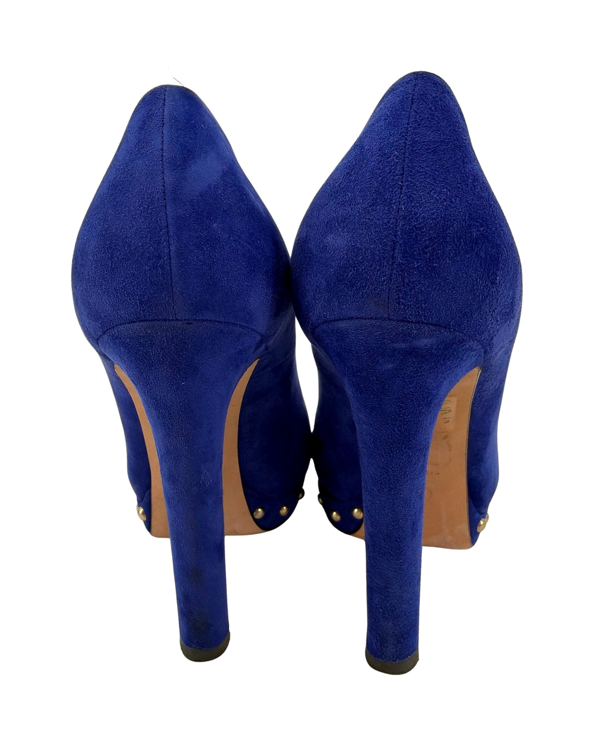 Alexander McQueen Cobalt Blue Suede Skull Peep Toe Platform Pumps Studded Size 38.5