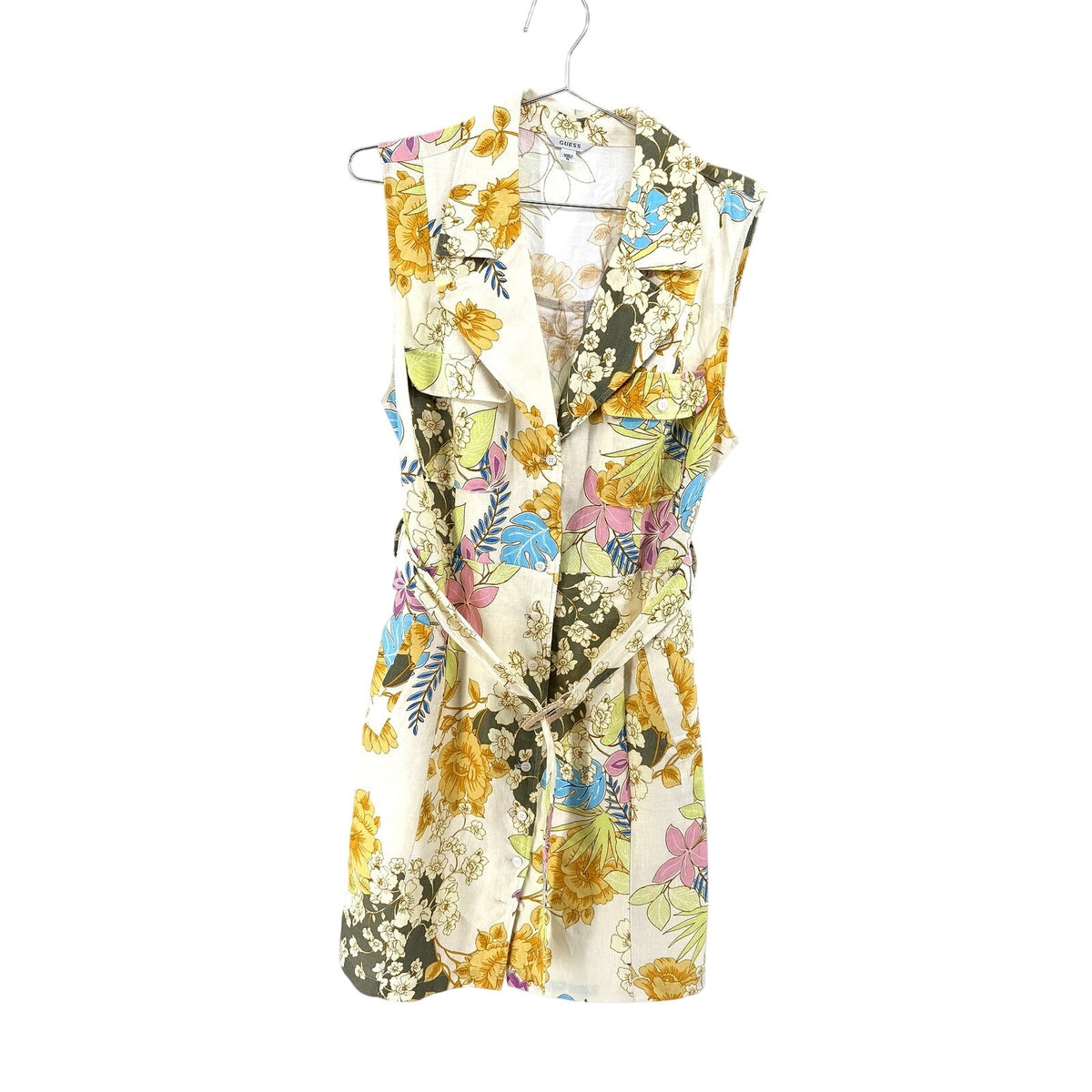 Guess Lydia Linen Floral Belted Sleeveless Shirt Dress Cream Yellow Size XL