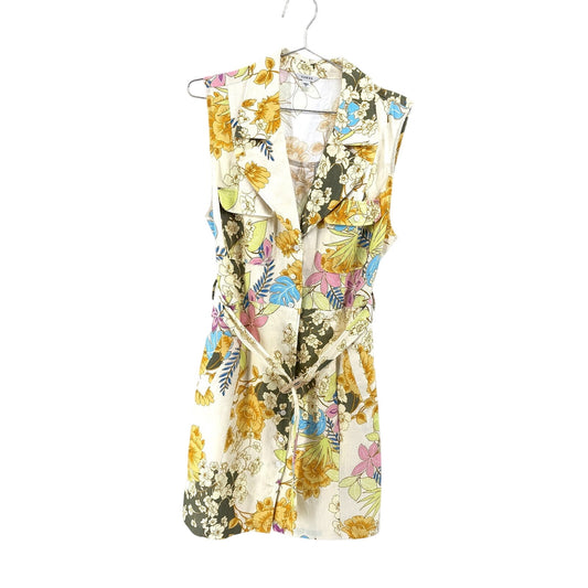 Guess Lydia Linen Floral Belted Sleeveless Shirt Dress Cream Yellow Size XL