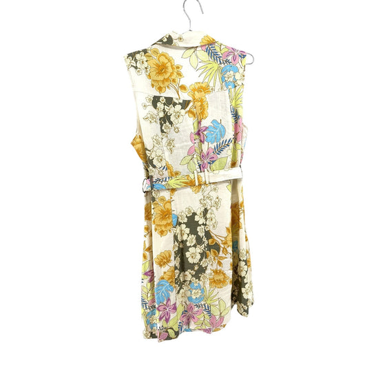 Guess Lydia Linen Floral Belted Sleeveless Shirt Dress Cream Yellow Size XL