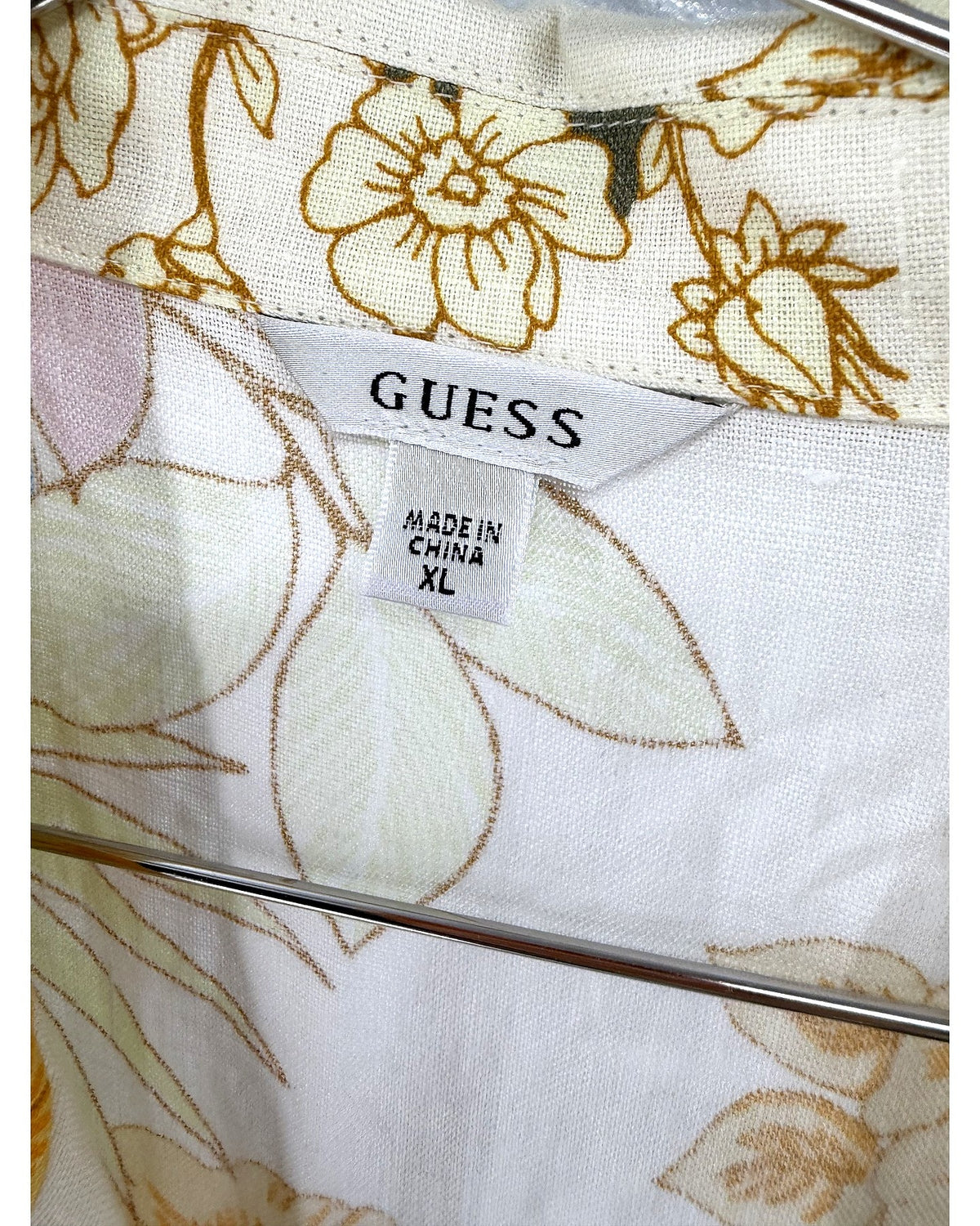 Guess Lydia Linen Floral Belted Sleeveless Shirt Dress Cream Yellow Size XL