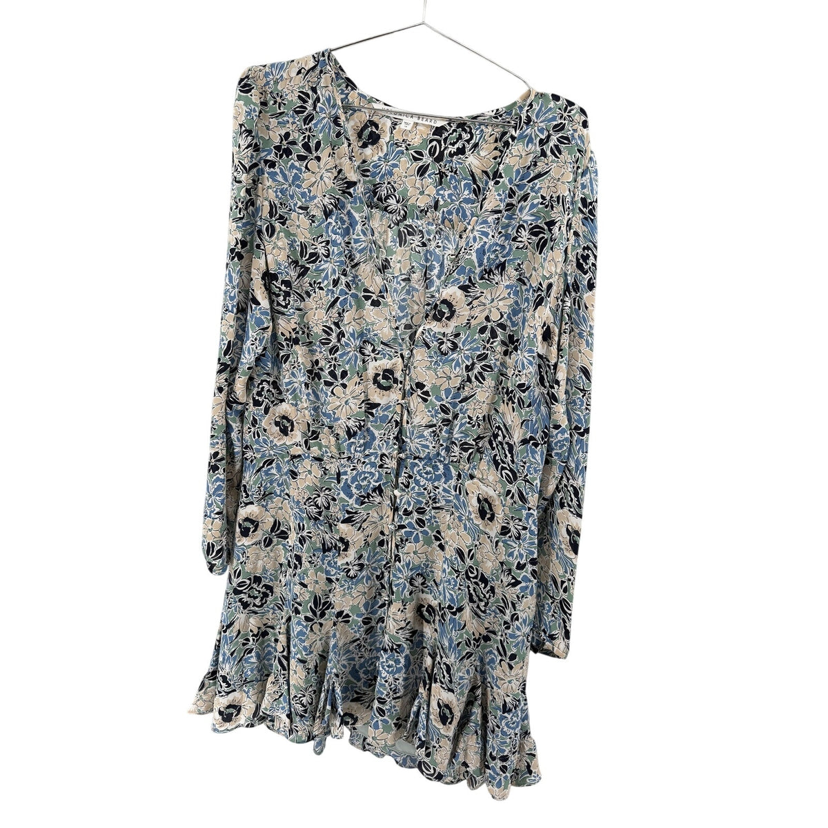 Veronica Beard Silk Floral Long Sleeve Mini Dress Ruffle Hem Blue Cream Size 14