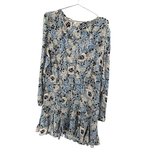 Veronica Beard Silk Floral Long Sleeve Mini Dress Ruffle Hem Blue Cream Size 14