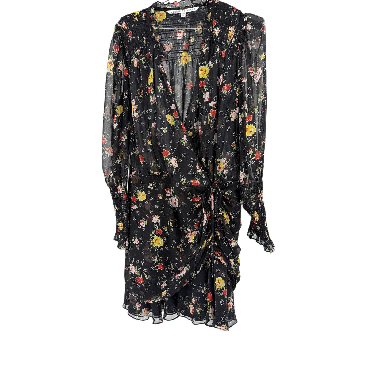 Veronica Beard Black Floral Silk Chiffon Ruched Smocked Wrap Mini Dress Size 12