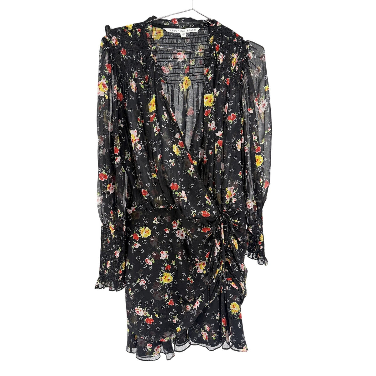 Veronica Beard Black Floral Silk Chiffon Ruched Smocked Wrap Mini Dress Size 12
