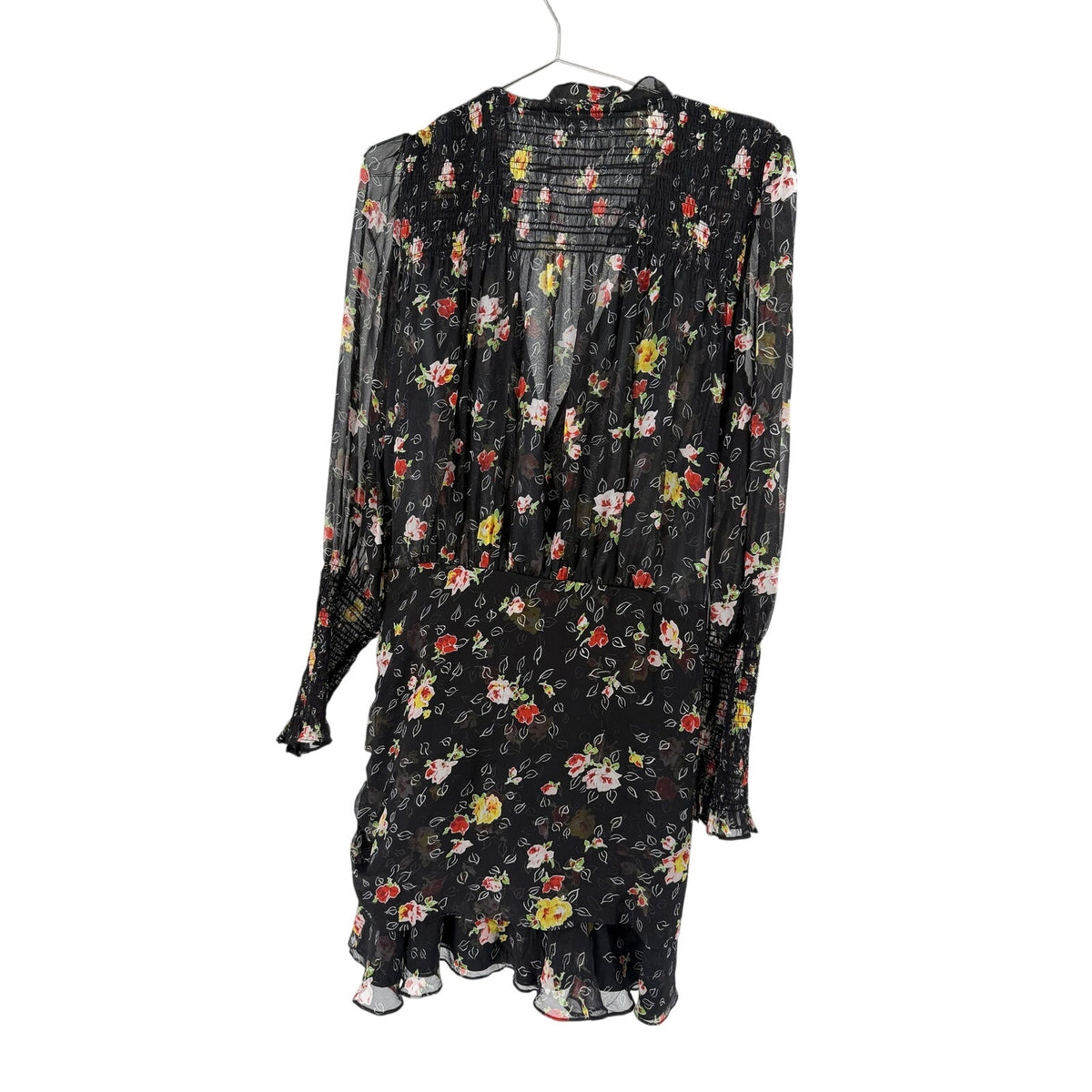 Veronica Beard Black Floral Silk Chiffon Ruched Smocked Wrap Mini Dress Size 12