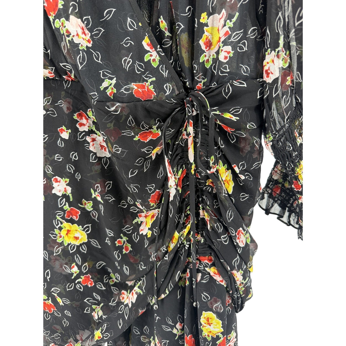 Veronica Beard Black Floral Silk Chiffon Ruched Smocked Wrap Mini Dress Size 12
