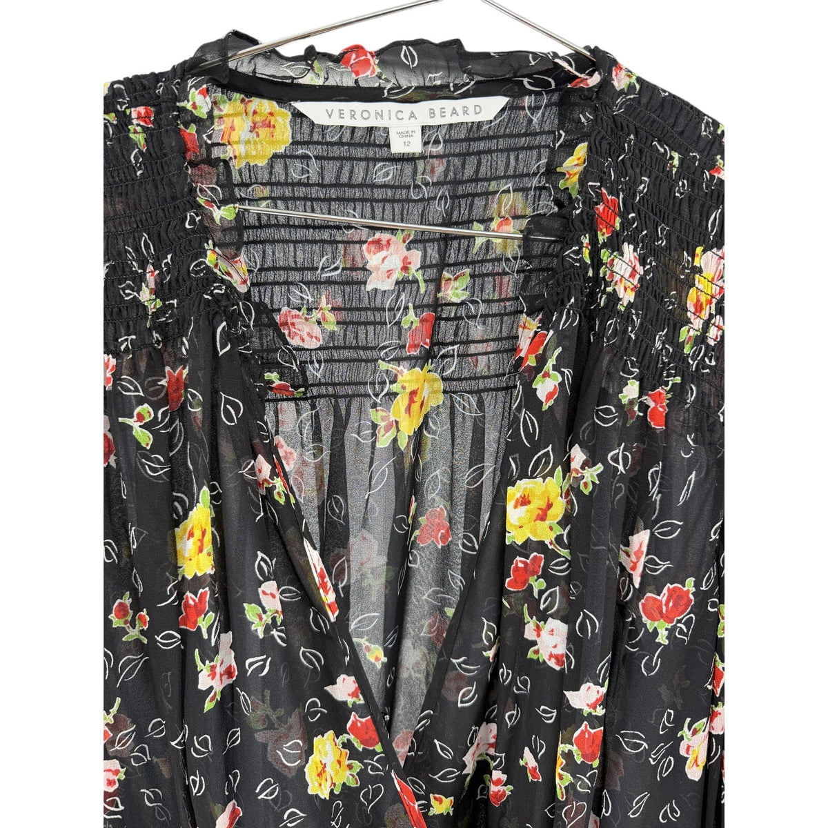 Veronica Beard Black Floral Silk Chiffon Ruched Smocked Wrap Mini Dress Size 12