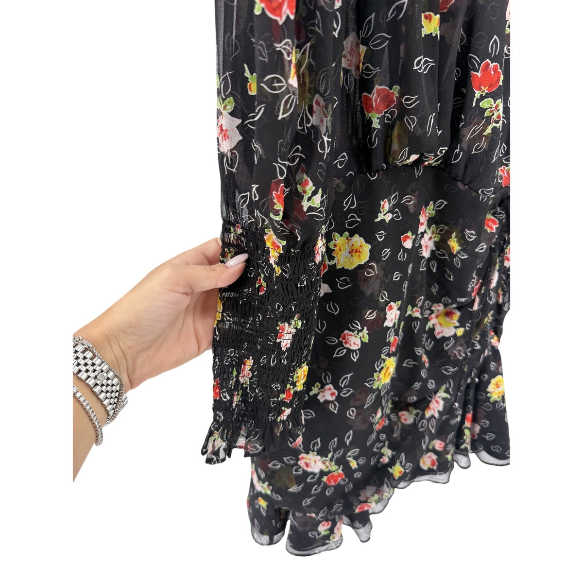 Veronica Beard Black Floral Silk Chiffon Ruched Smocked Wrap Mini Dress Size 12