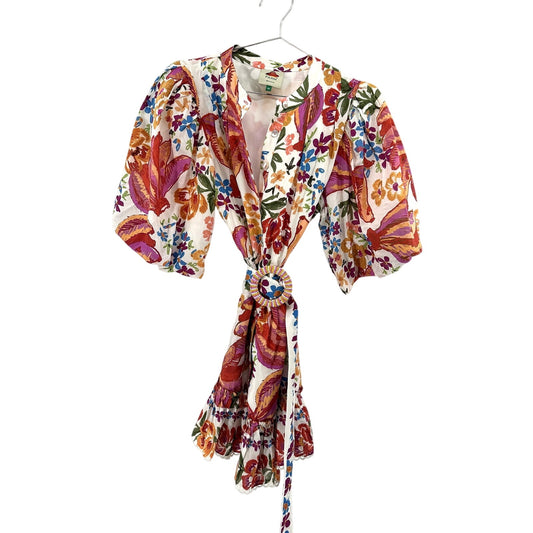 Farm Rio Floral Puff Sleeve Mini Shirt Dress Beaded Ring Belt 297141 Size M