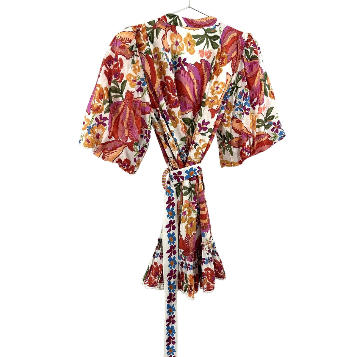 Farm Rio Floral Puff Sleeve Mini Shirt Dress Beaded Ring Belt 297141 Size M