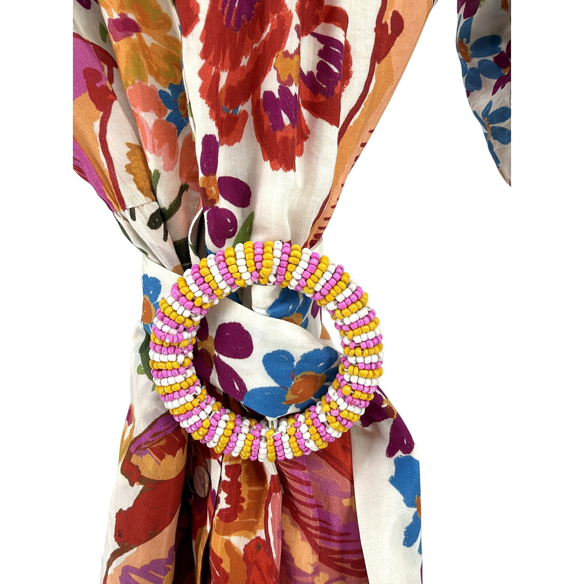 Farm Rio Floral Puff Sleeve Mini Shirt Dress Beaded Ring Belt 297141 Size M
