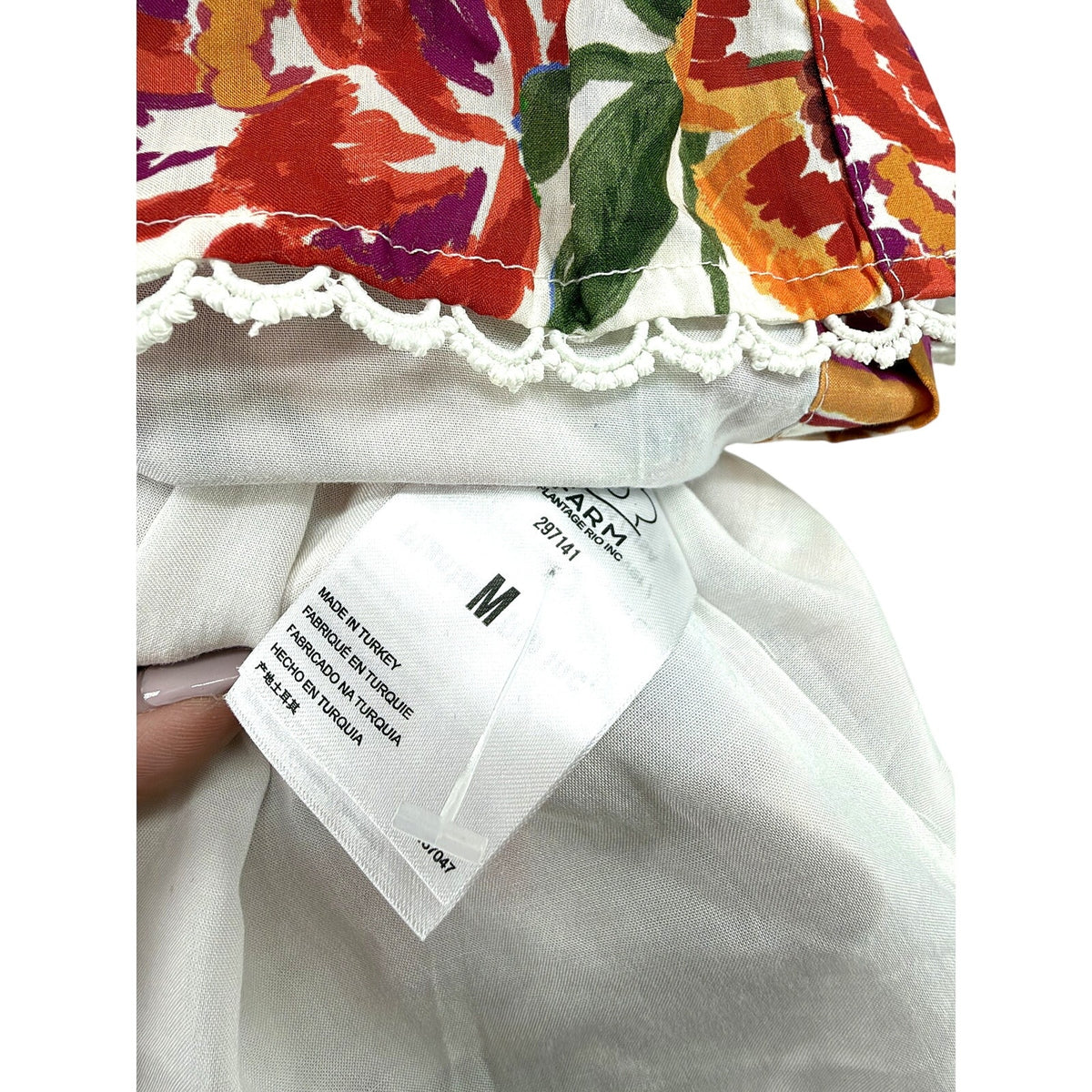 Farm Rio Floral Puff Sleeve Mini Shirt Dress Beaded Ring Belt 297141 Size M