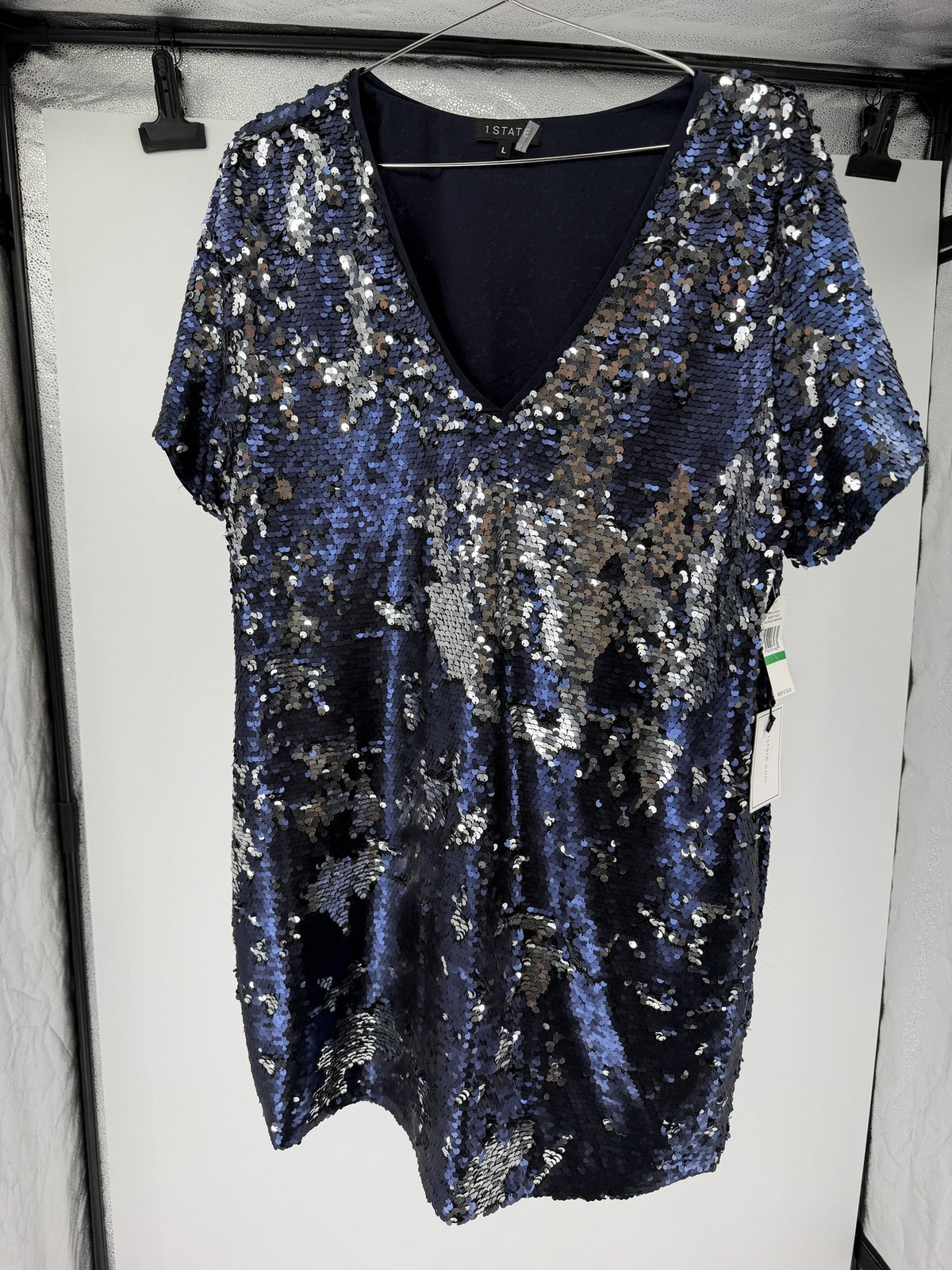 1.STATE Navy Silver Sequin V-Neck Shift Dress Lunar Navy NWT Size L