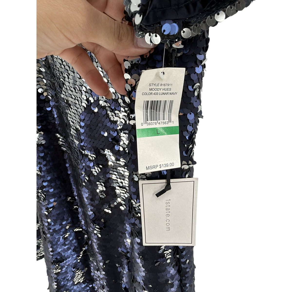 1.STATE Navy Silver Sequin V-Neck Shift Dress Lunar Navy NWT Size L