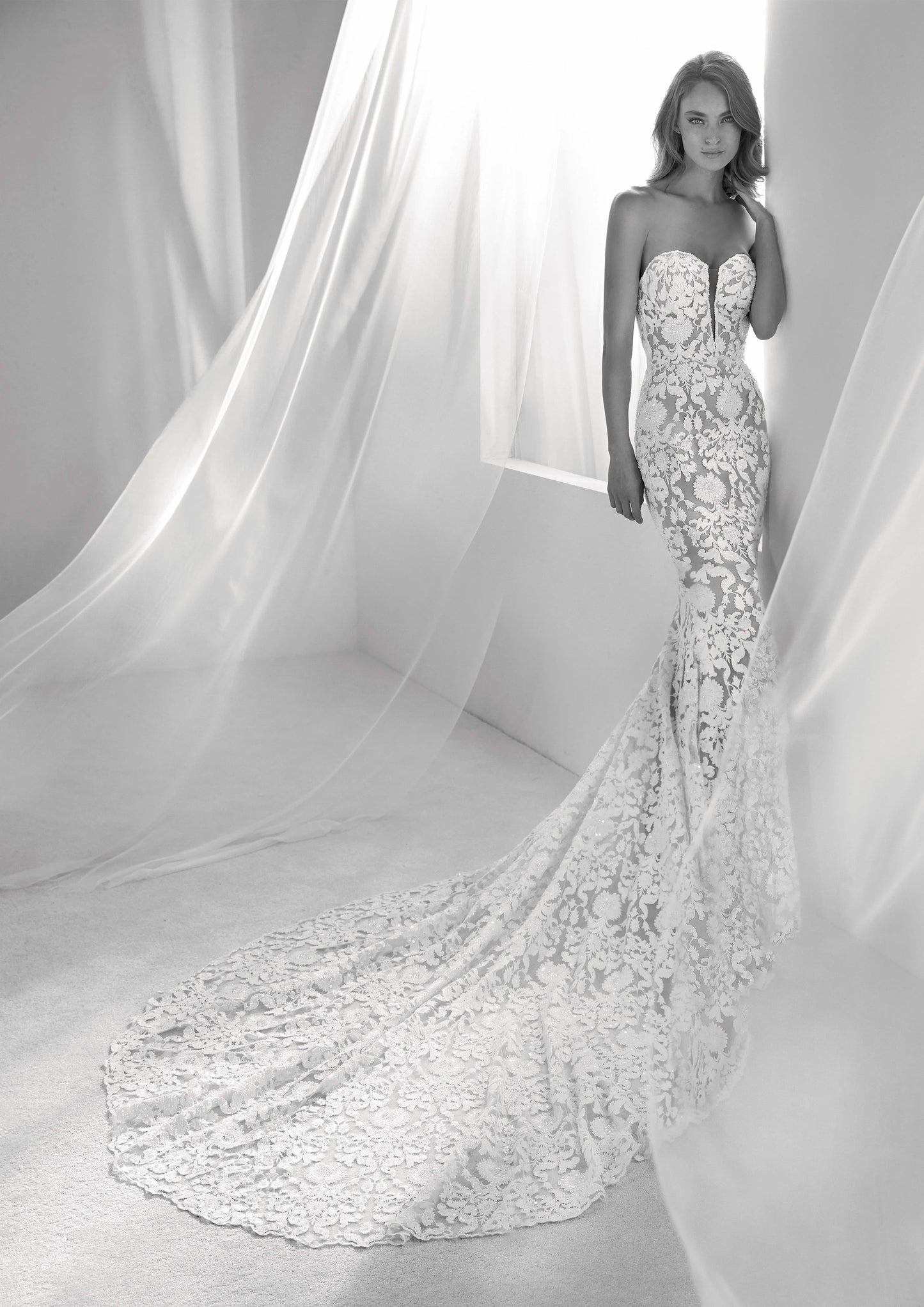 Atelier Pronovias Runis Crystal Tulle V-Neck Mermaid Wedding Gown Ivory