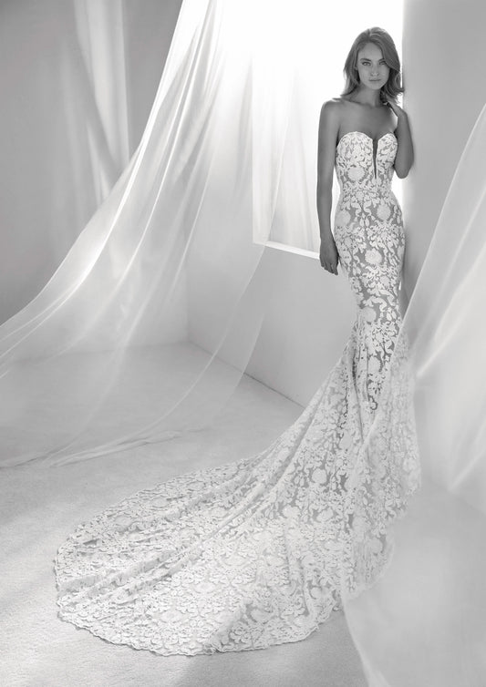 Atelier Pronovias Runis Crystal Tulle V-Neck Mermaid Wedding Gown Ivory