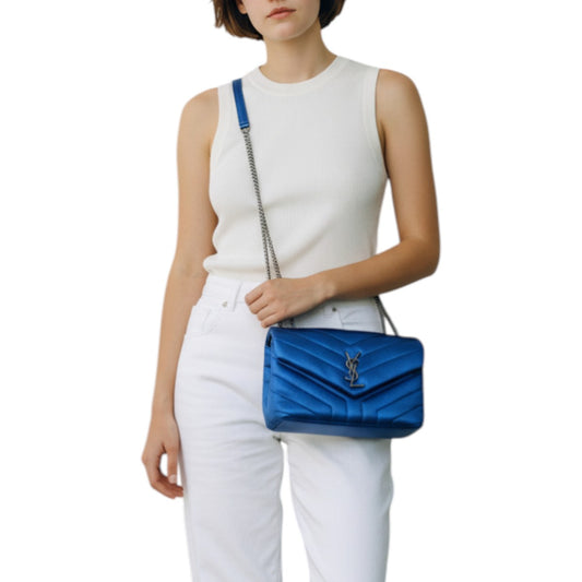 Saint Laurent Leather Metallic Quilted LouLou Monogram Chain Shoulder Bag