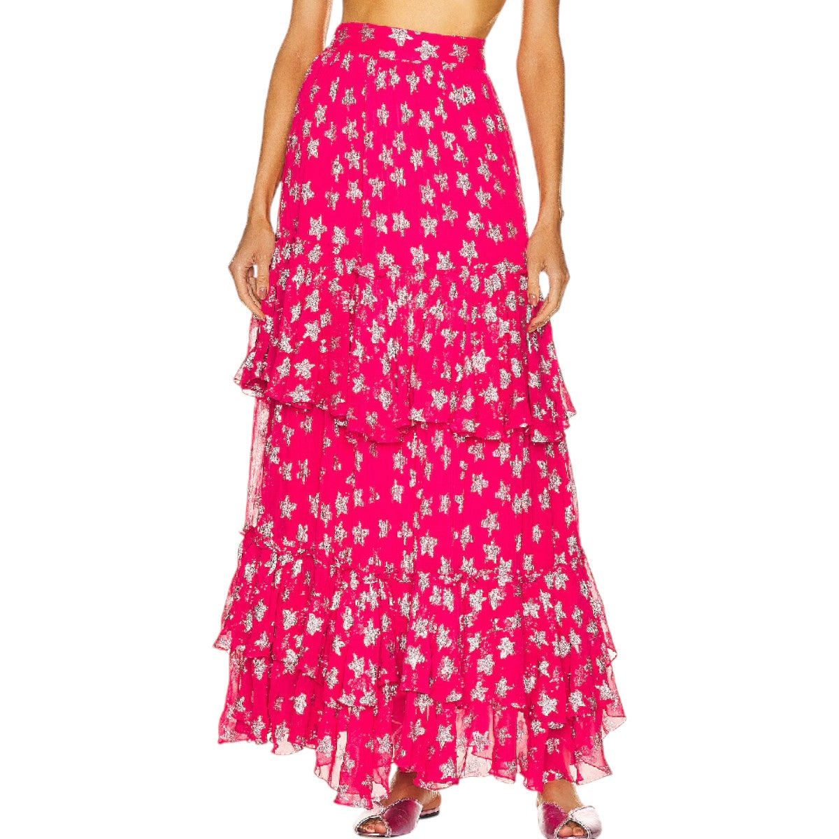 NWT Rococo Sand Pink Silver Star Pattern Ruffle Vega Maxi Skirt Women's