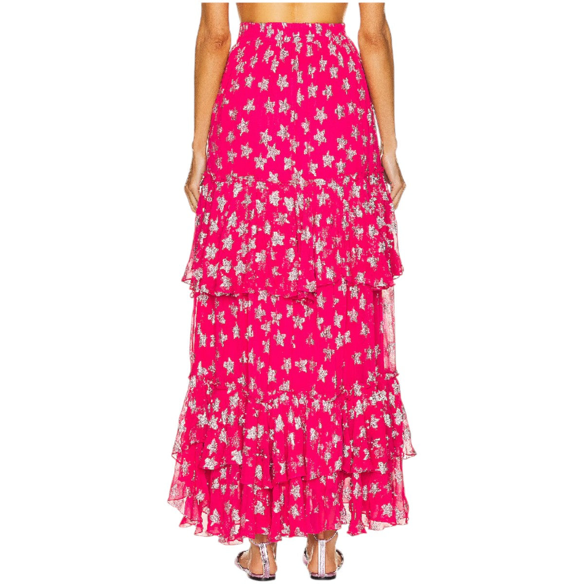 NWT Rococo Sand Pink Silver Star Pattern Ruffle Vega Maxi Skirt Women's