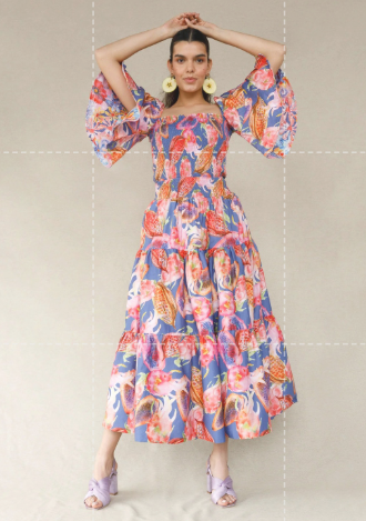 Florencia Davalos Cotton Allegra Ruched Top Reversible Skirt Set Fruit Pattern