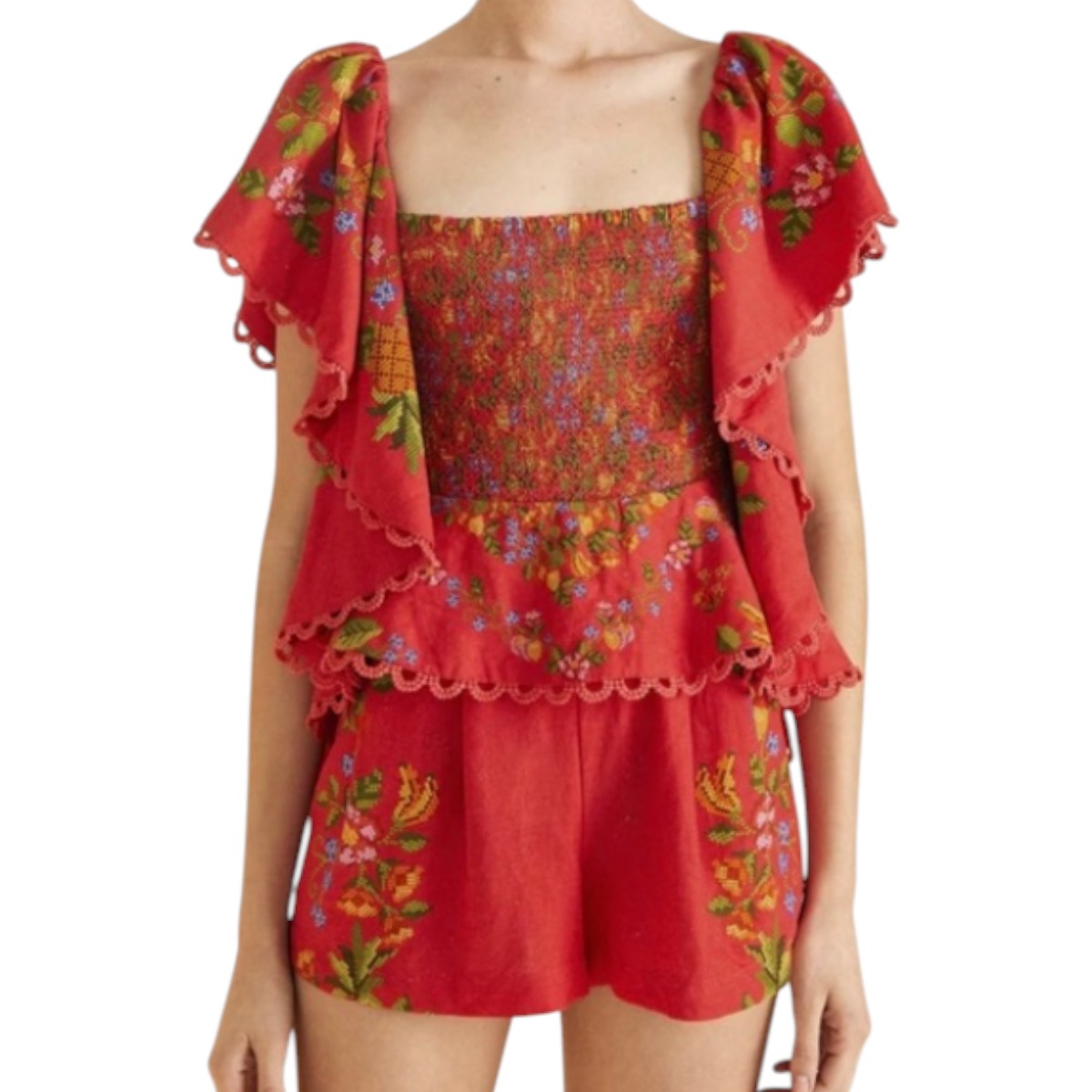 Farm Rio Red Tropical Romance Ruffle Smocked Romper Women's
