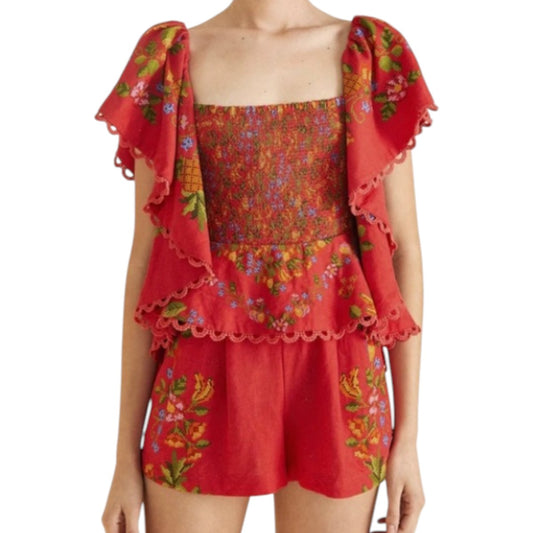 Farm Rio Red Tropical Romance Ruffle Smocked Romper Women's