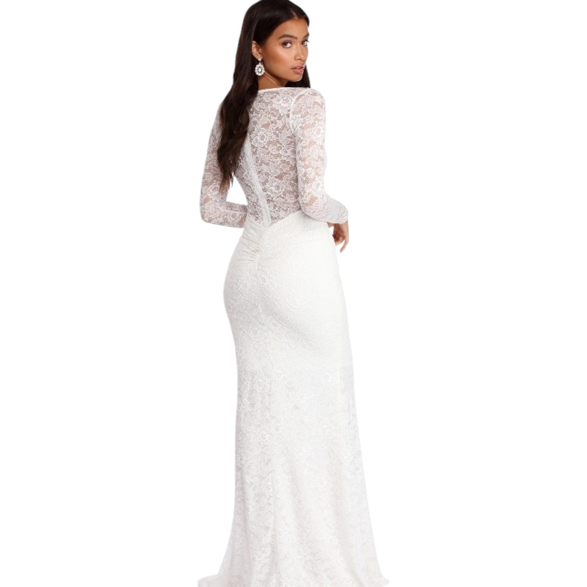 Windsor Delilah White Illusion Floral Lace Long Sleeve Maxi Formal Dress