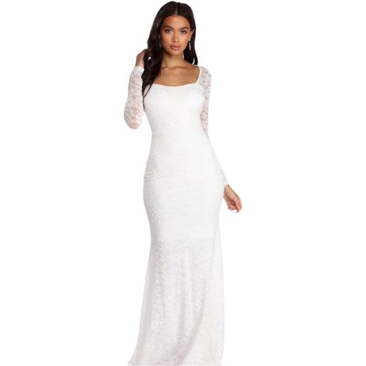 Windsor Delilah White Illusion Floral Lace Long Sleeve Maxi Formal Dress
