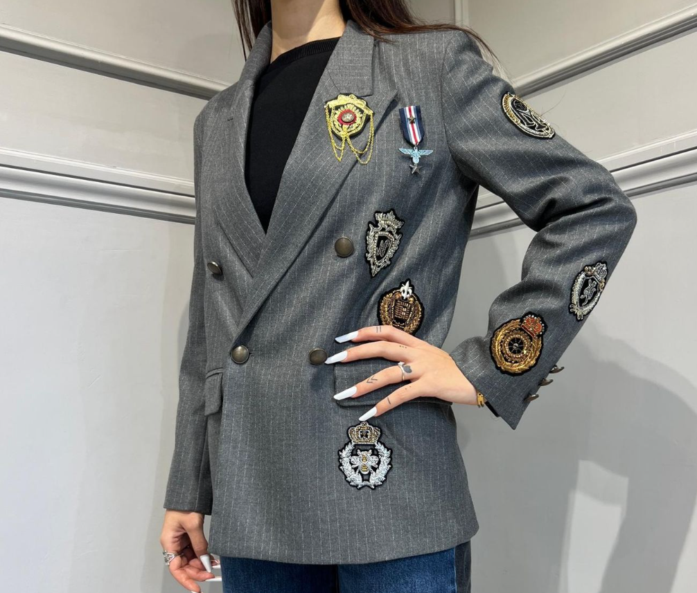 Vicolo Pinstripe Patch Accent Double Breasted Blazer Jacket