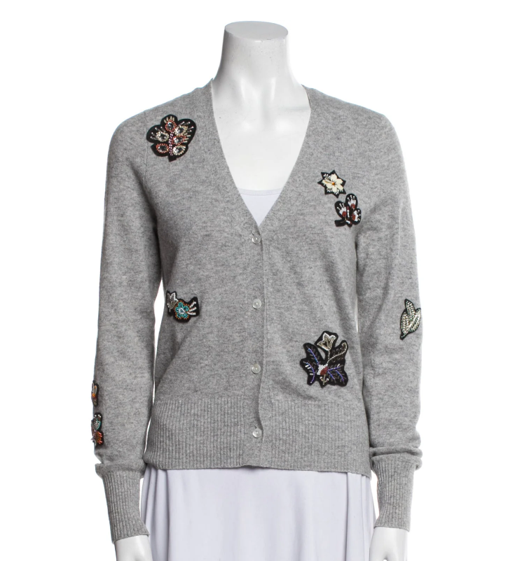 Cinq à Sept Wool V-Neck Graphic Embroidered Sweater Cardigan Gray Women's Size S