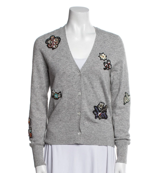 Cinq à Sept Wool V-Neck Graphic Embroidered Sweater Cardigan Gray Women's Size S