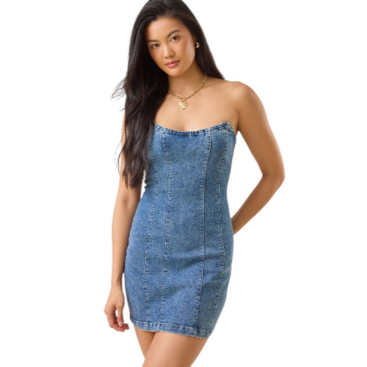 Altar'd State Cotton Blend Denim Breena Strapless Corset Mini Dress