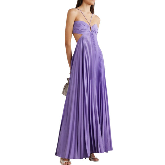 A.L.C. Satin Cut-Out Pleated Moira Maxi A-Line Dress Bellflower