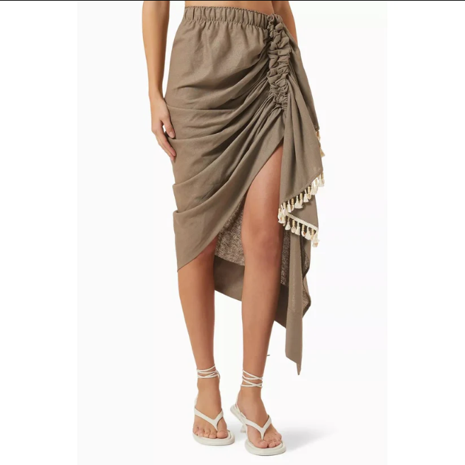 Just Bee Queen Brown Cotton Ruffle Accent High-Low Midi Skirt  Women's