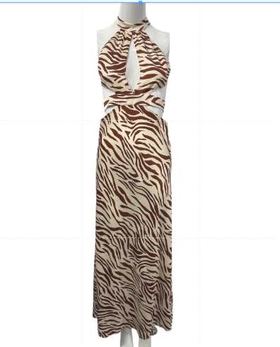 Auteur Brown Beige Silk Cut Out Zebra Animal Print Halter Maxi Dress