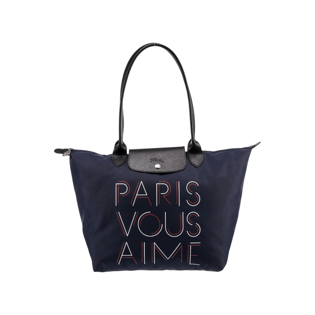 Longchamp x Paris Aéroport Canvas w/ PARIS VOUS AIME Print Medium Tote Bag Blue