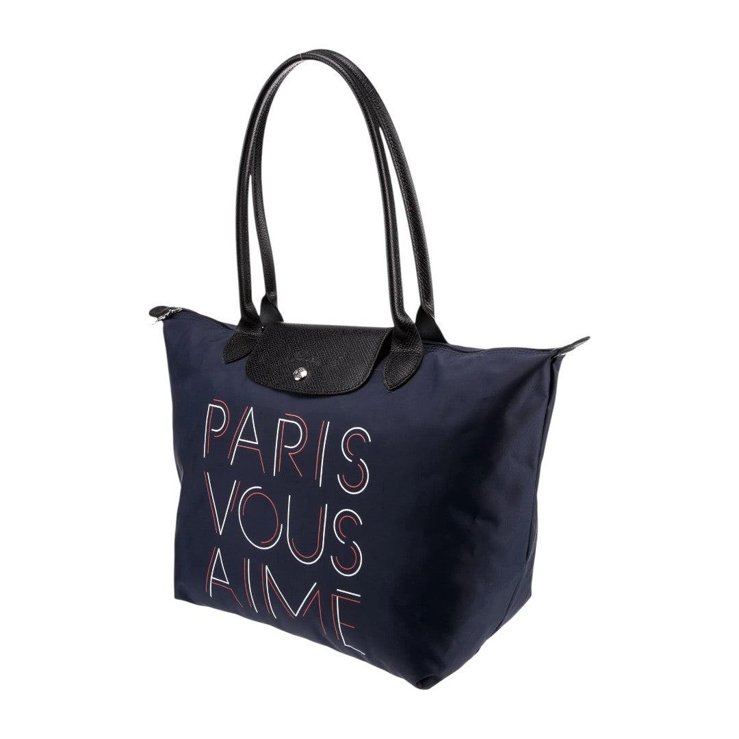 Longchamp x Paris Aéroport Canvas w/ PARIS VOUS AIME Print Medium Tote Bag Blue