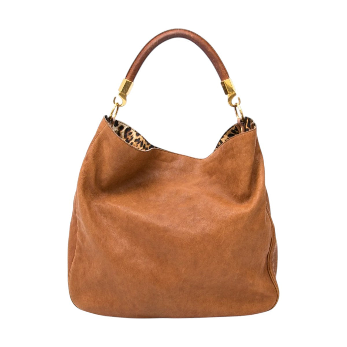 YSL Yves Saint Laurent Large Roady Hobo Bag Cognac Leather Leopard Lining