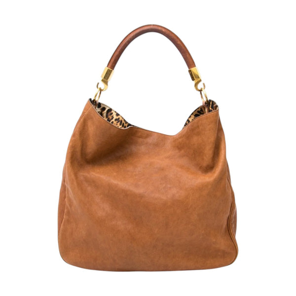 YSL Yves Saint Laurent Large Roady Hobo Bag Cognac Leather Leopard Lining