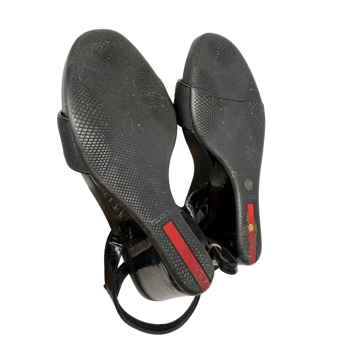 Prada Patent Leather Open Toe Ankle Strap Wedge Sandals
