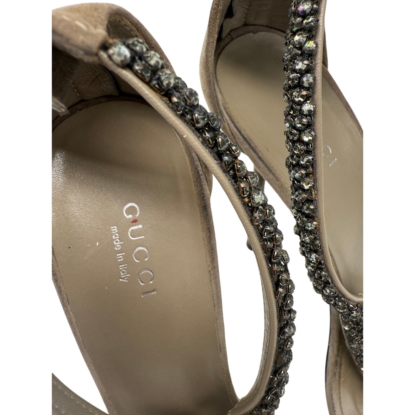 Gucci Suede Crystal Embellishments Naomi T-Strap Sandals