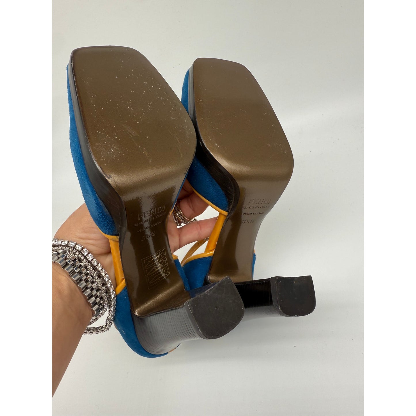 Fendi Suede Leather Trim Square Toe Block Heels Pumps