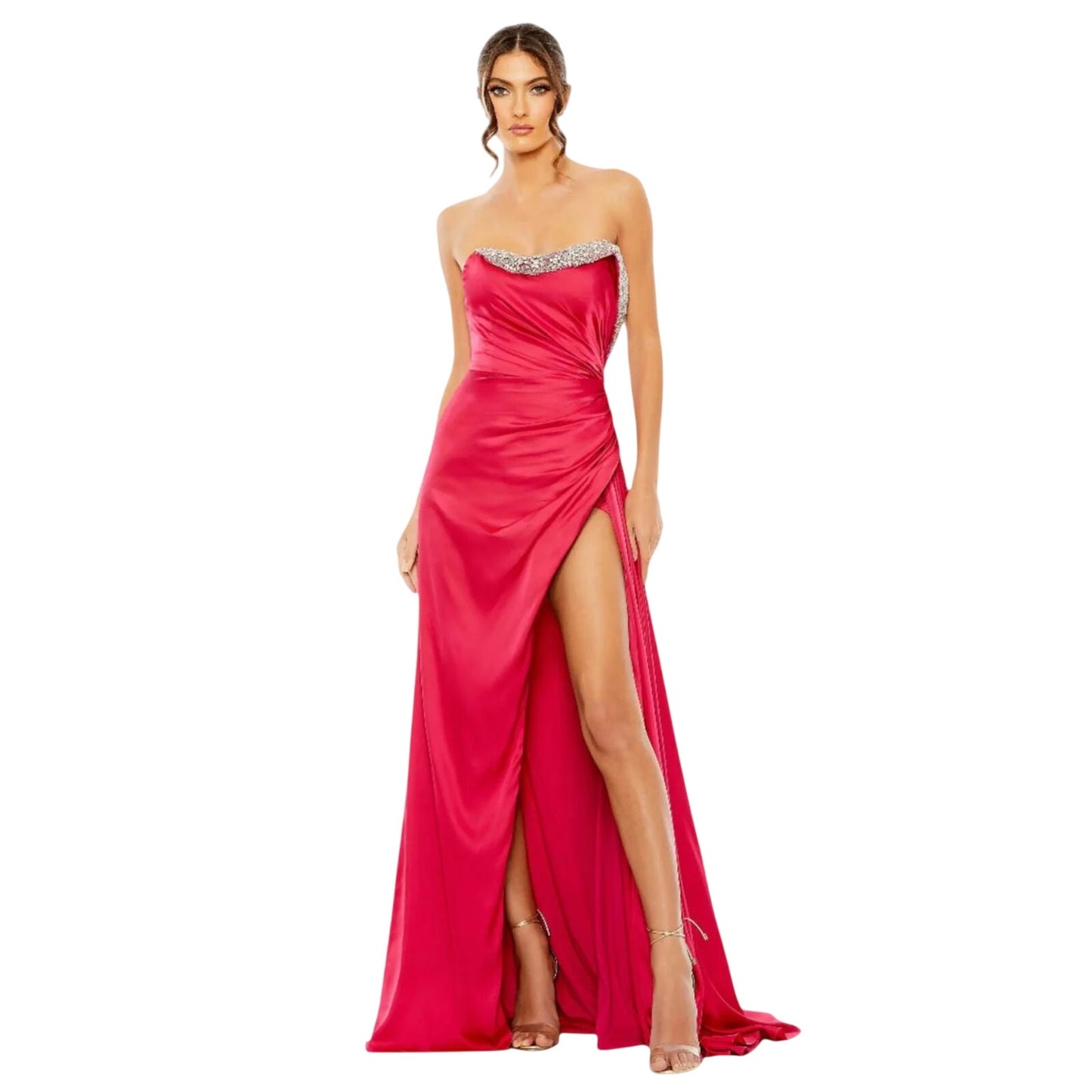 Mac Duggal Pink Strapless Ruched Embellished Gown