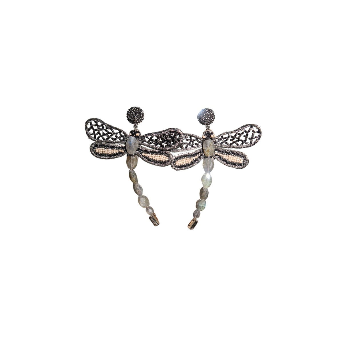 Deepa Gurnani Dragonflies Earrings Hand Embroidered Beaded Silver Gunmetal