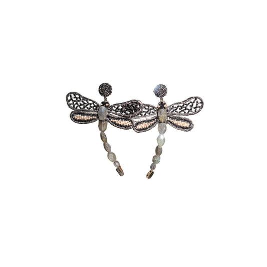 Deepa Gurnani Dragonflies Beaded Statement Earrings Silver Gunmetal Cream OS