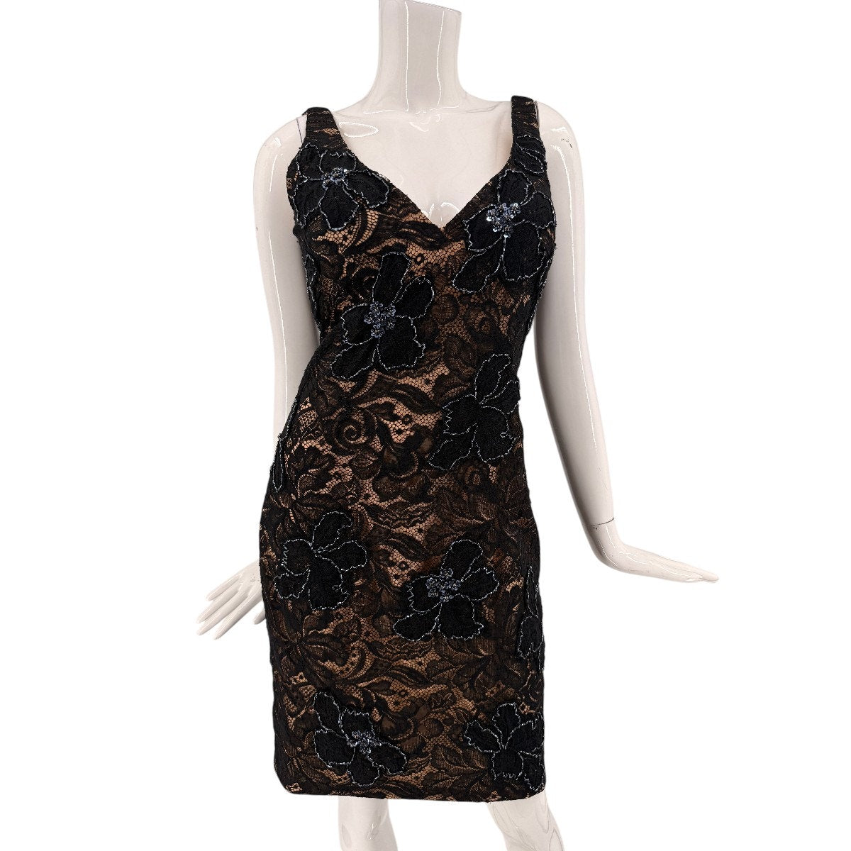 Jovani Lace Floral Overlay Beaded Sheath Mini Dress Black Nude Women's Size 12