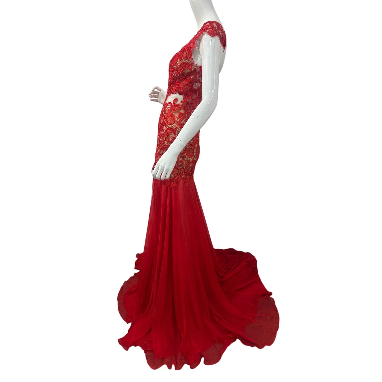 Mac Duggal Floral Lace Illusion Mermaid Evening Gown Red Women's Size 4