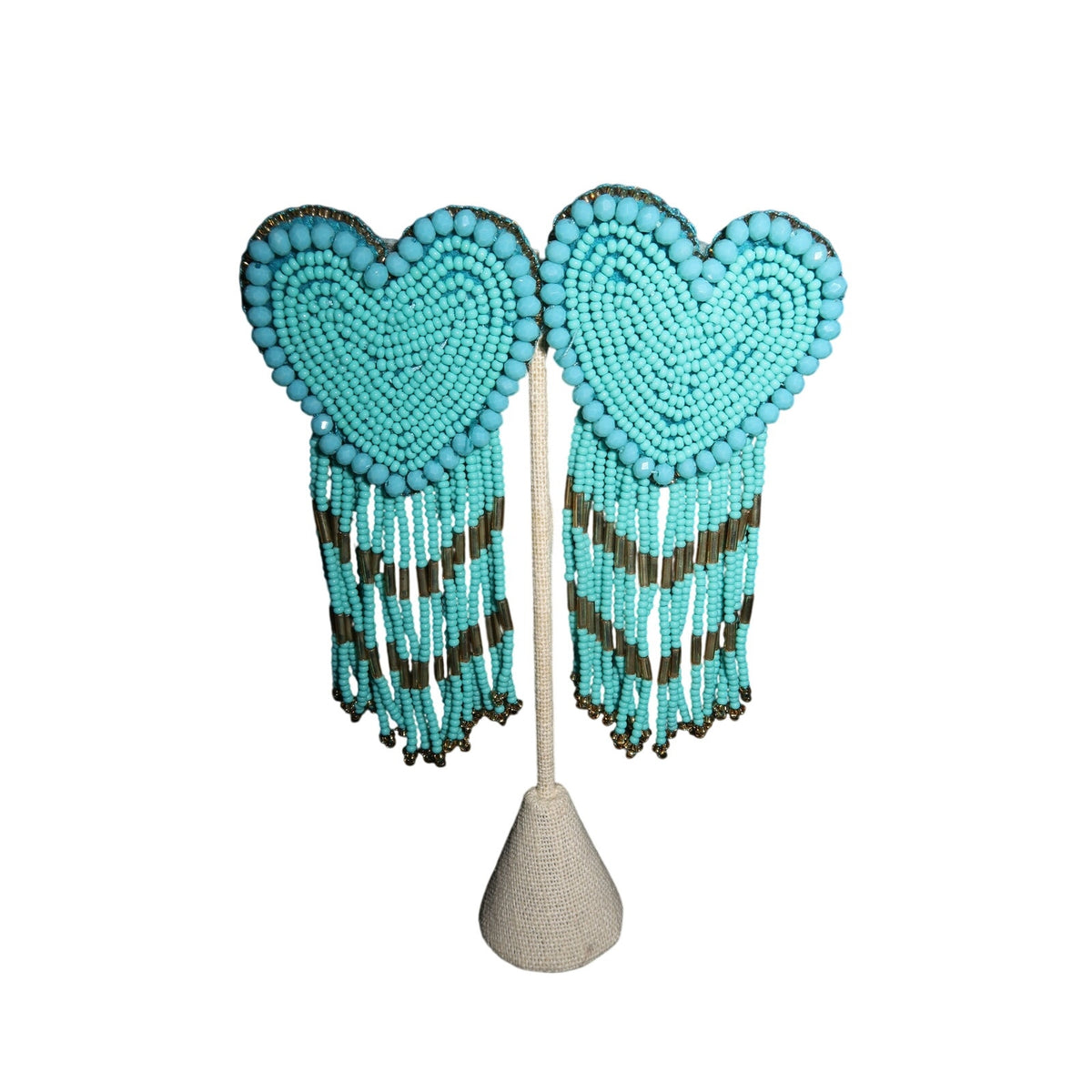 Turquoise Beaded Heart Dangle Earrings Long Tassel Statement Earrings