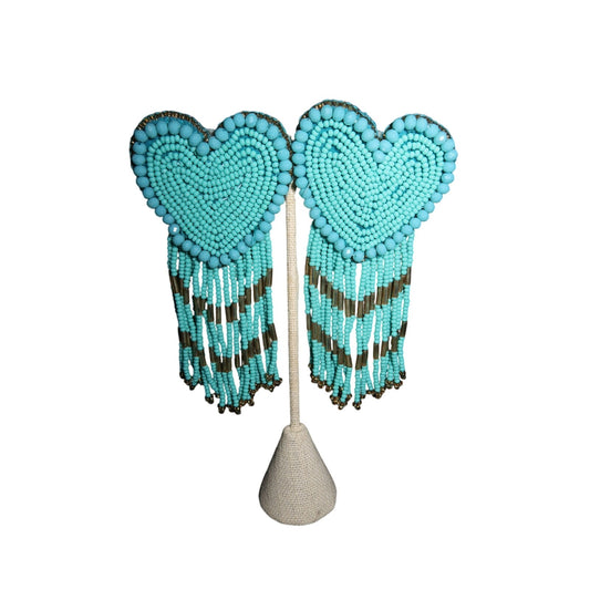 Turquoise Beaded Heart Dangle Earrings Long Tassel Statement Earrings